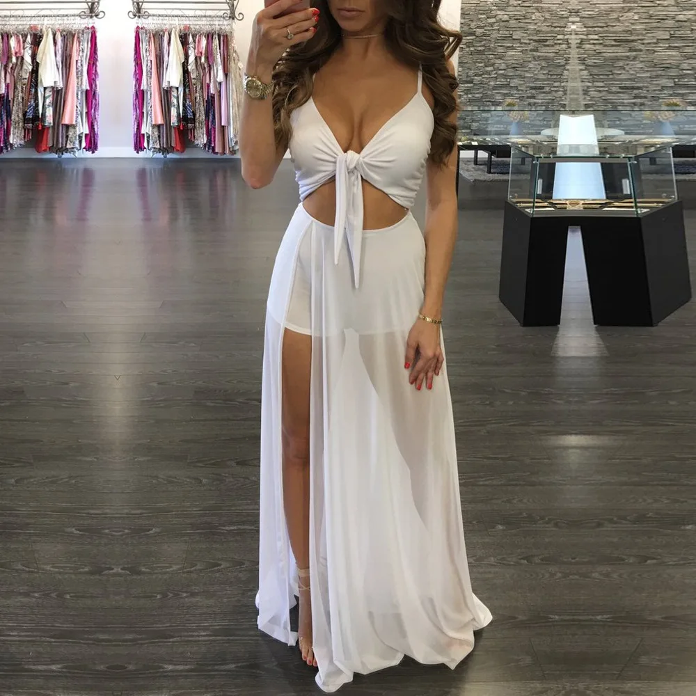 Женское Сетчатое платье на бретелях спагетти с бантом и V образным