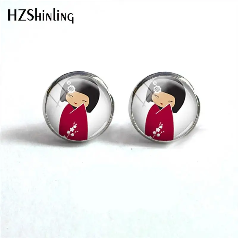 

2018 New Kokeshi Japanese Dolls Round Earring Glass Dome Cabochon Earrings Handmade Photo Jewelry HZ4