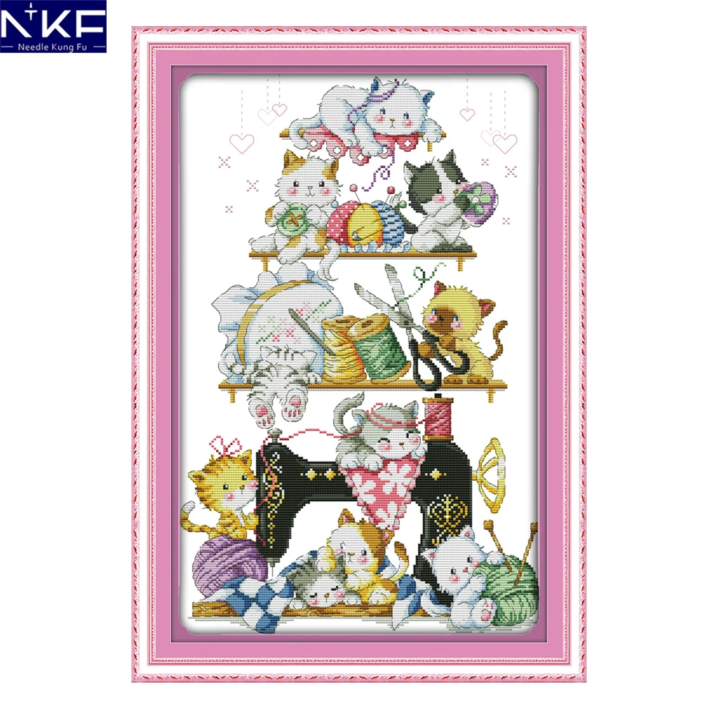 

NKF The Kitten Beside The Sewing Machine Animal Cross Stitch Pattern 11C 14CT Cross Stitch Needlework Embroidery for Home Decor