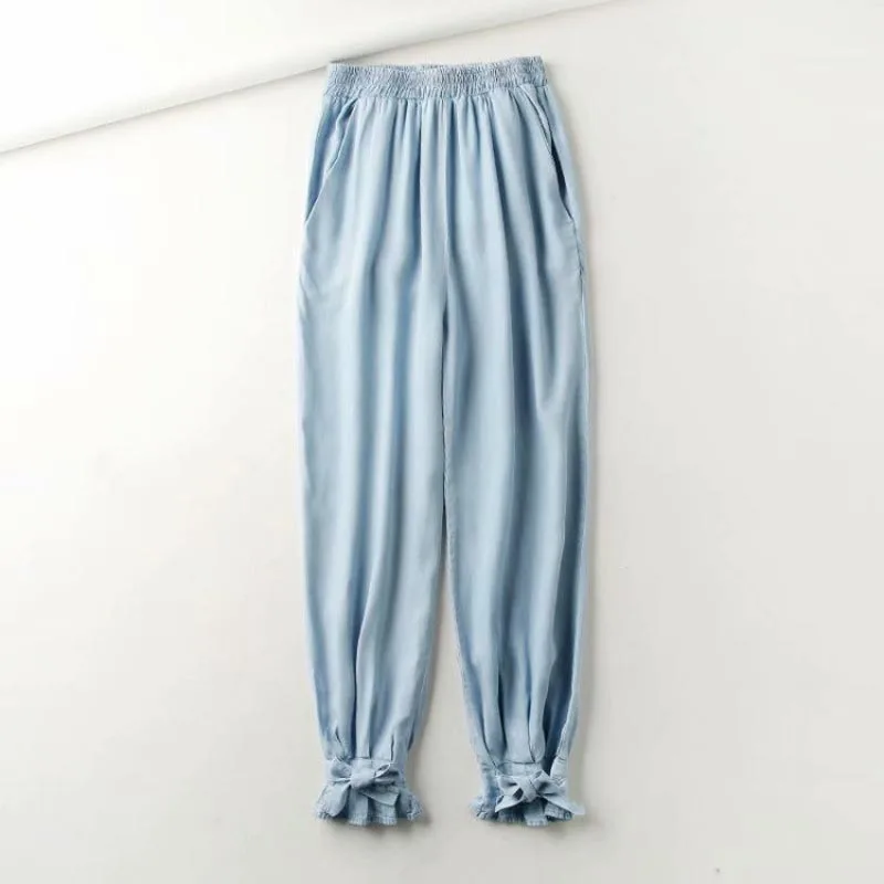 KZ497 Women Brief Elastic Waist Sashes Deco Solid Color Soft Denim Pants Culf Slim Jeans Trousers | Женская одежда