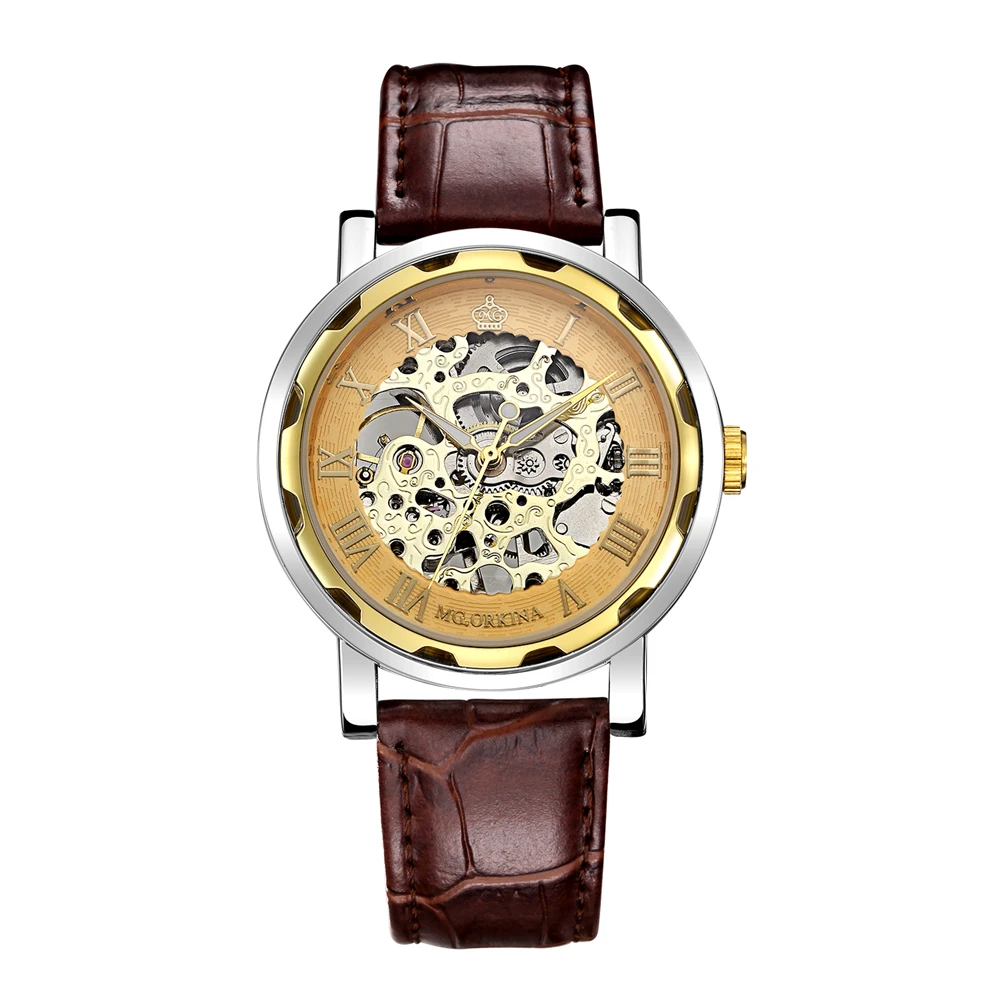 Мужские наручные часы с кожаным ремешком роскошные золотые механические в стиле