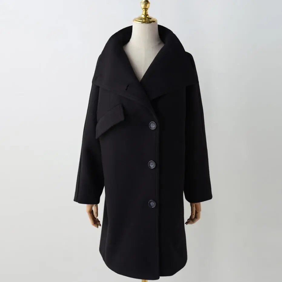black long section Зимняя женская накидка с завёрнутым воротником, плащ, пальто, свободная шерстяная ветронепроницаемая куртка, плотное шерстяное пальто с рукавом летучая мышь - Цвет: black long section