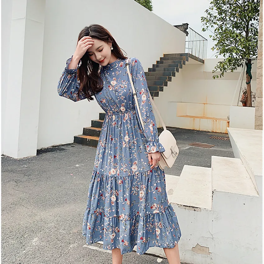 Женское шифоновое платье с длинным рукавом и цветочным принтом повседневное