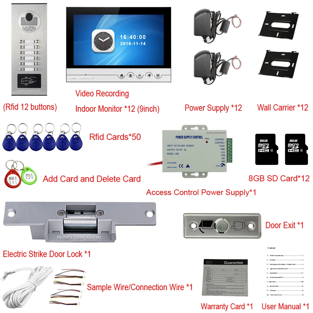 RFID 8/10/12 Call Buttons Video Intercom On The Front Door 8GB Video Recording 9