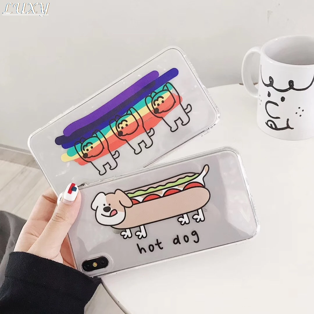 INS Korea Care Bear Rainbow Hot Dog Cute Cartoon Case For Apple iPhone X XS Max Xr 8 7 6 s Plus Clear Back TPU Phone Cover |
