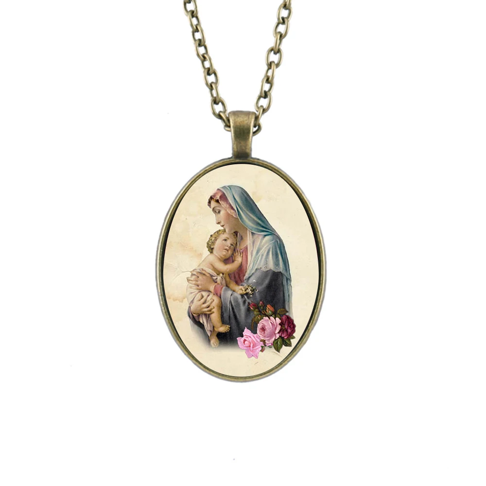 Мадонна изображение Стеклянные кабошоны Подвески Ожерелья Христианская культура овальная Подвеска Подарки в пользу детей семьи 30*40 мм.