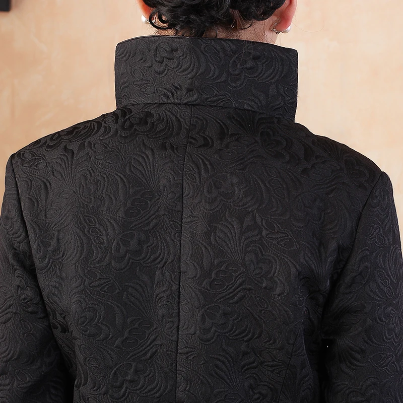 Женская удлиненная куртка черная Модная хлопковая в китайском традиционном