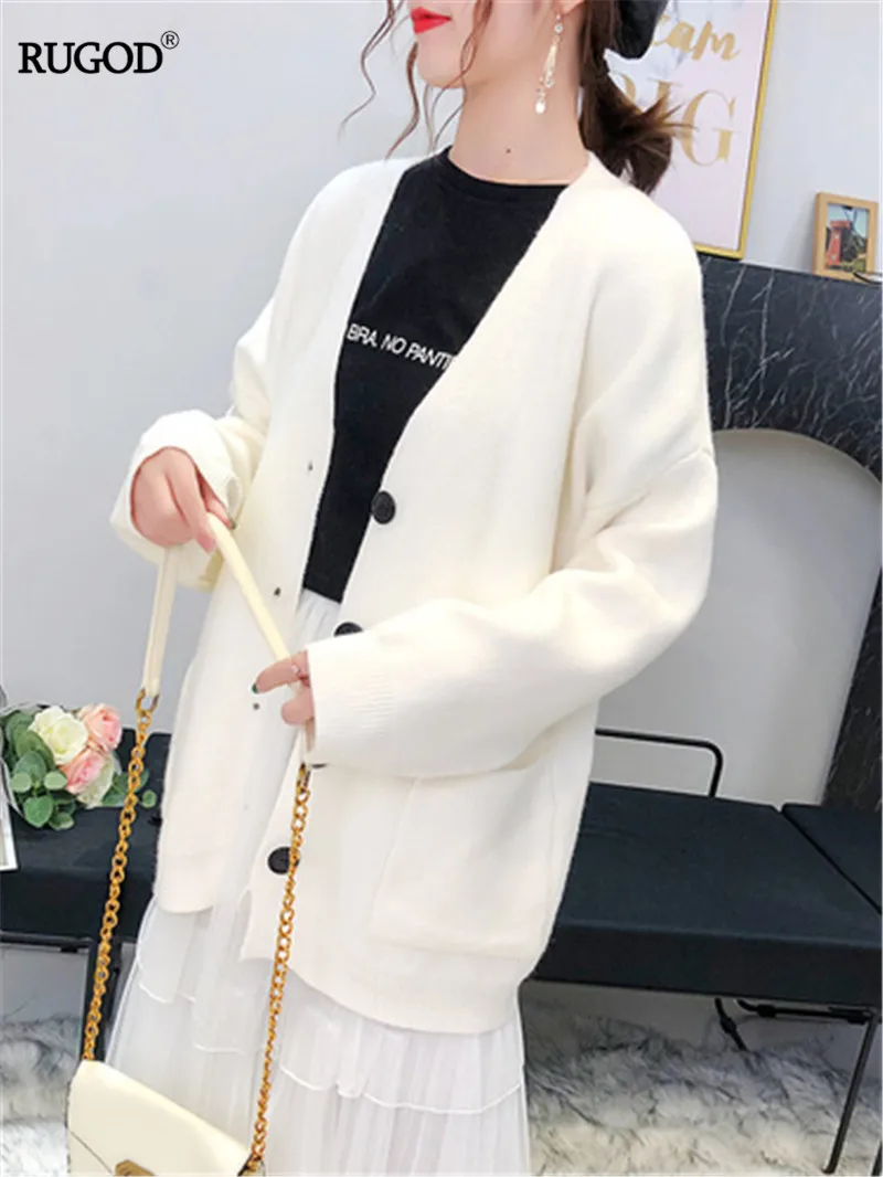 RUGOD Korean Style Women Cardigan Solid Single Breasted Pockrts Womens Cardigan Long Sleeve Sweet Gril Knitted Sweater