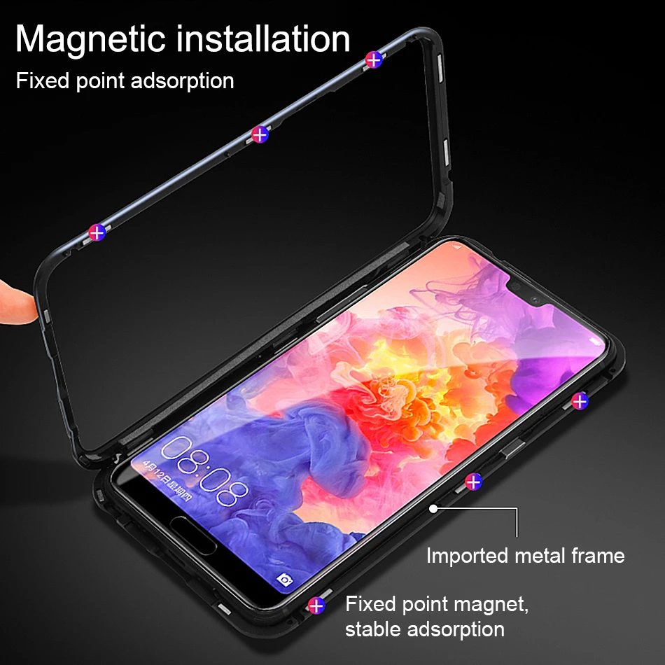 Proelio Magnetic Case For Huawei P20 Pro Toughed Clear Tempered Glass Aluminum Metal Magnet Adsorption Cover |