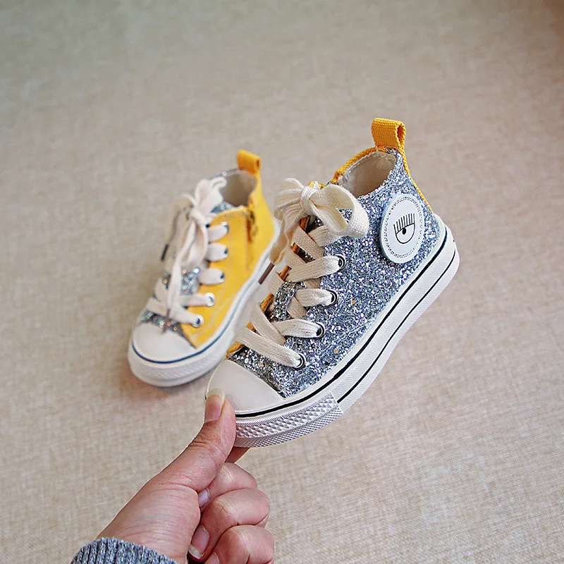 2020 Girls Boys Glitter Sequin High Top Canvas Sneakers Baby/Toddler/Little/Big Kid Casual Trainers Children Yellow Bling Shoes | Детская