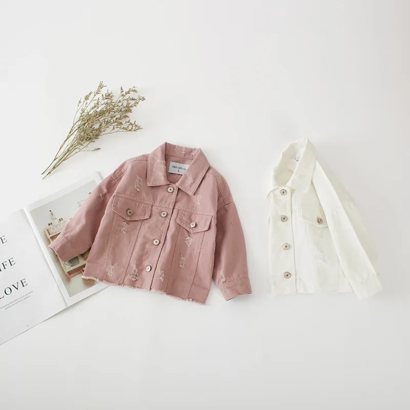 DFXD High Quality 2018 New Children Girls Autumn Long Sleeve Outwear Korean Kids Pink/White Ripped Jacket Toddler Cardigan Coats | Детская