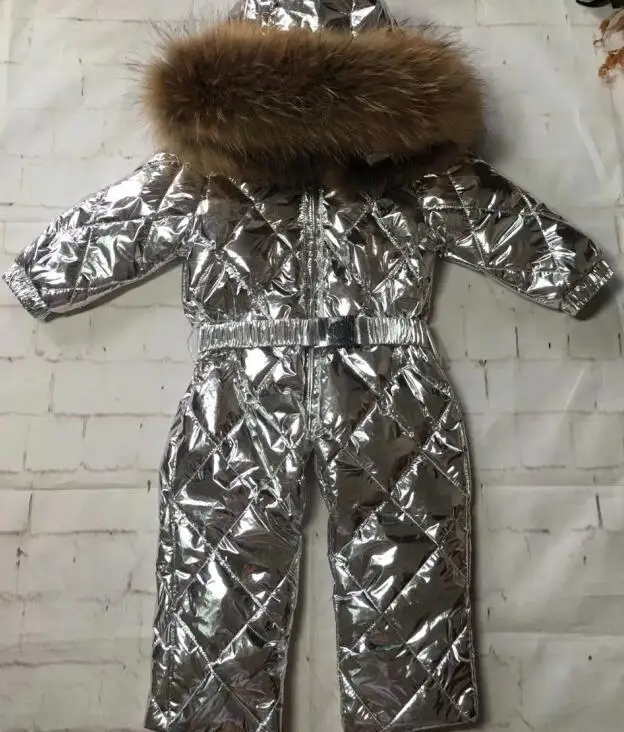 silver 70cm-150cm Real fur hooded baby outergoing Winter children jumpsuit snow suit girl down boy Baby coveralls ski suit - Цвет: silver
