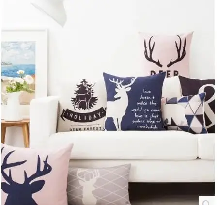 

Nordic blue deer cushion cover cotton linen elk printed pillowcase throw pillow cover for backrest home decor