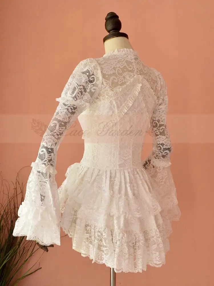 Vintage Women's Illusion Neckline Lace Blouse Gothic Long Flare Sleeve Ruffled Top by Garden | Женская одежда