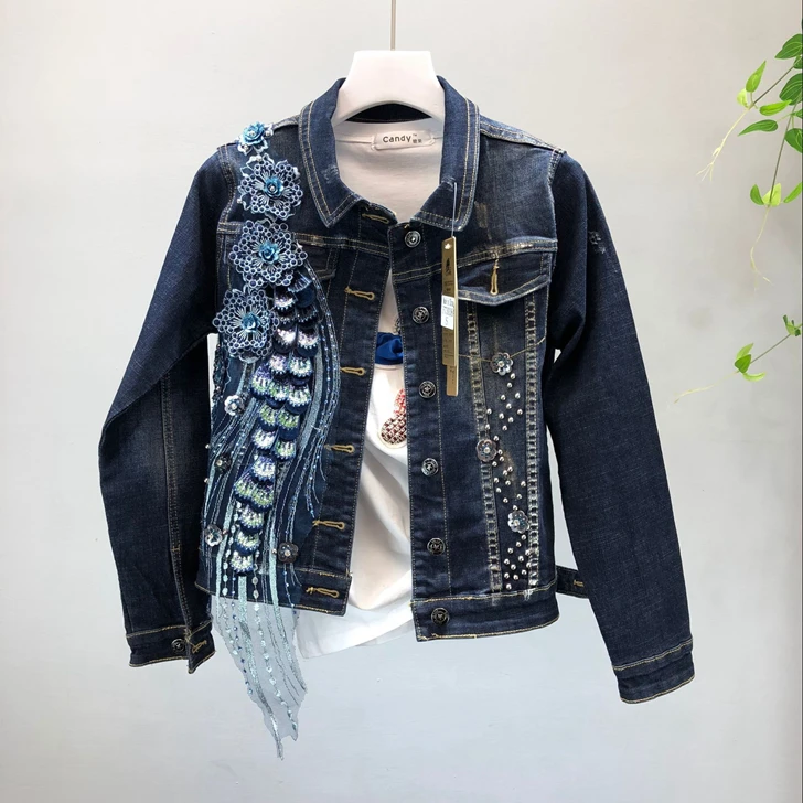 jacket Осенняя Женский комплект 2 шт. джинсовая куртка с тяжелой вышивкой бисером и блестками+ джинсы комплект из двух предметов - Цвет: jacket