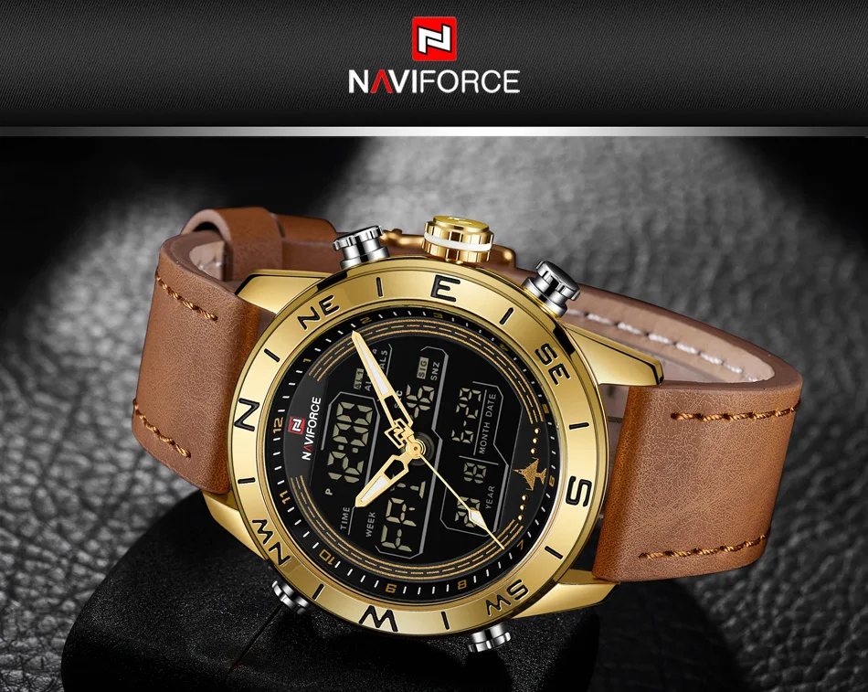NAVIFORCE 9144 мужские модные золотые спортивные часы для мужчин s светодиодный цифровой кварцевые часы армейские военные кожаные аналоговые часы Relogio Masculino