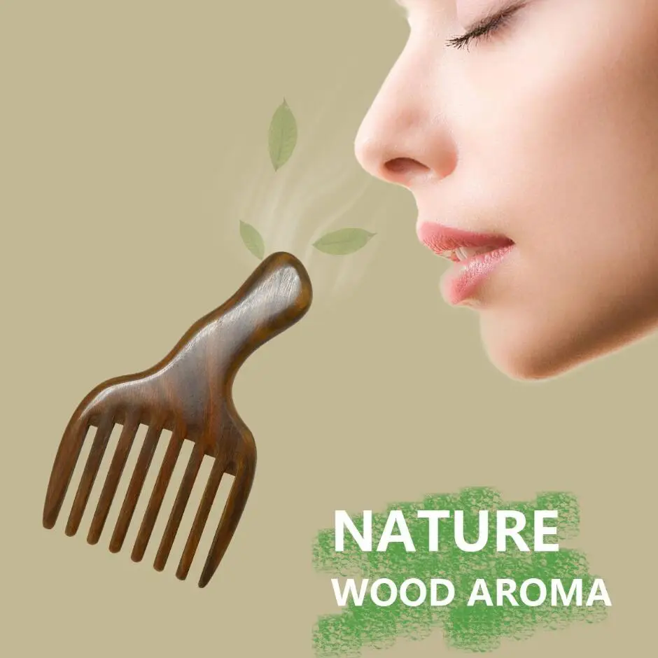 Hair Comb/Beard Pick Comb Made Of One Whole Piece Green Sandal Wood With Fantastic Handle Wide Tooth Hairbrushes D30 | Красота и