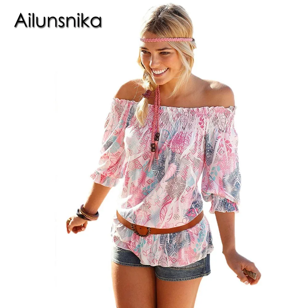 Ailunsnika Bohemian Floral Print Off Shoulder Half Sleeve Vintage Shirts For Women Sexy Beach Ethnic Blouse Casual Tops DL251341 |