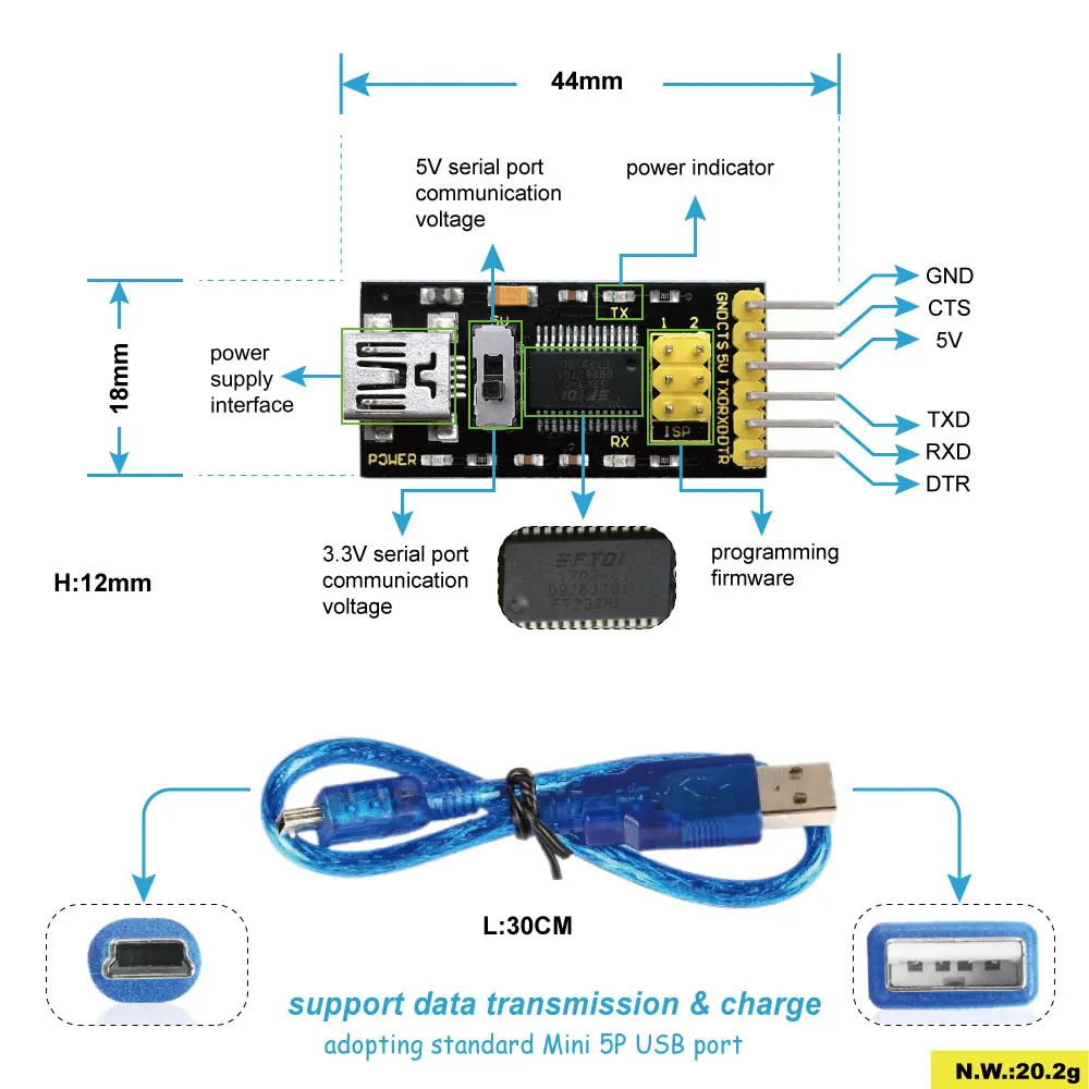 Keyestudio FTDI (оригинальные чипы) базовая программа загрузчик USB в TTL FT232 + USB-кабель для