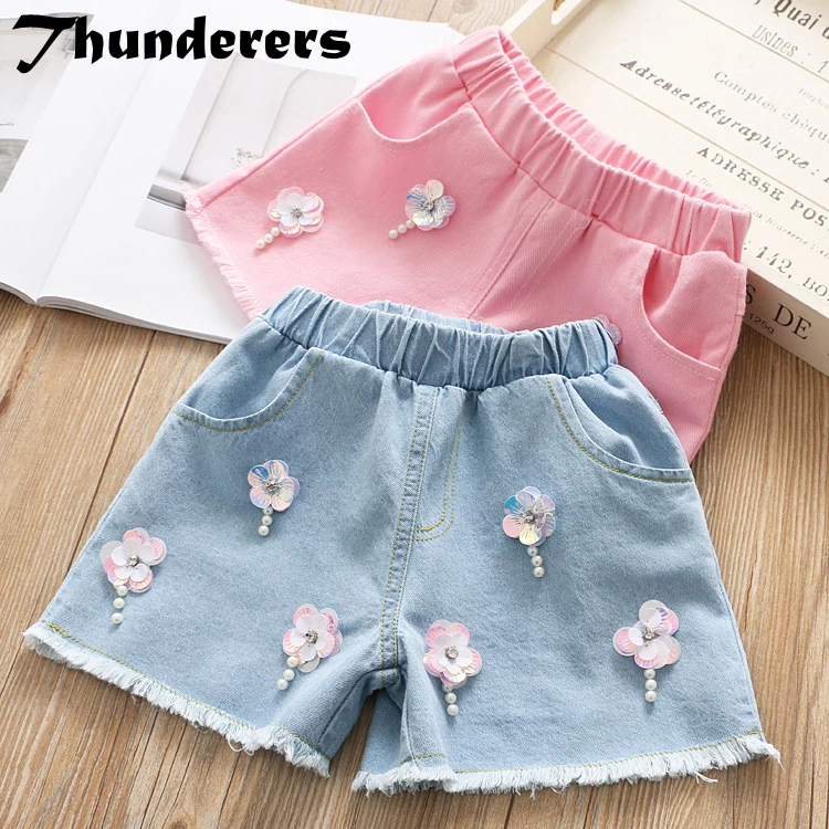 Thunderers/летние детские джинсы для девочек короткие штаны с пайетками и цветами
