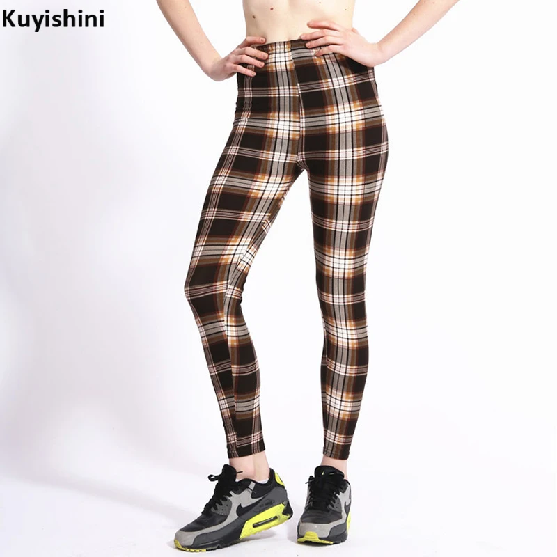 Женский Весна осень Лето Повседневные леггинсы Для женщин печати Полосатый плед