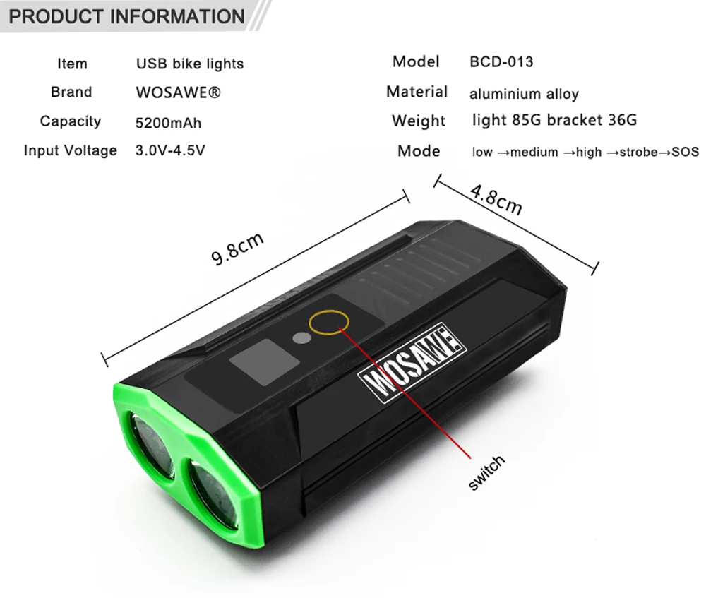 WOSAWE велосипедный светильник 2400 люменов USB Перезаряжаемый велосипедный светильник, светильник-вспышка, безопасный mtb походный фонарь, внешний аккумулятор для iPhone xiaomi
