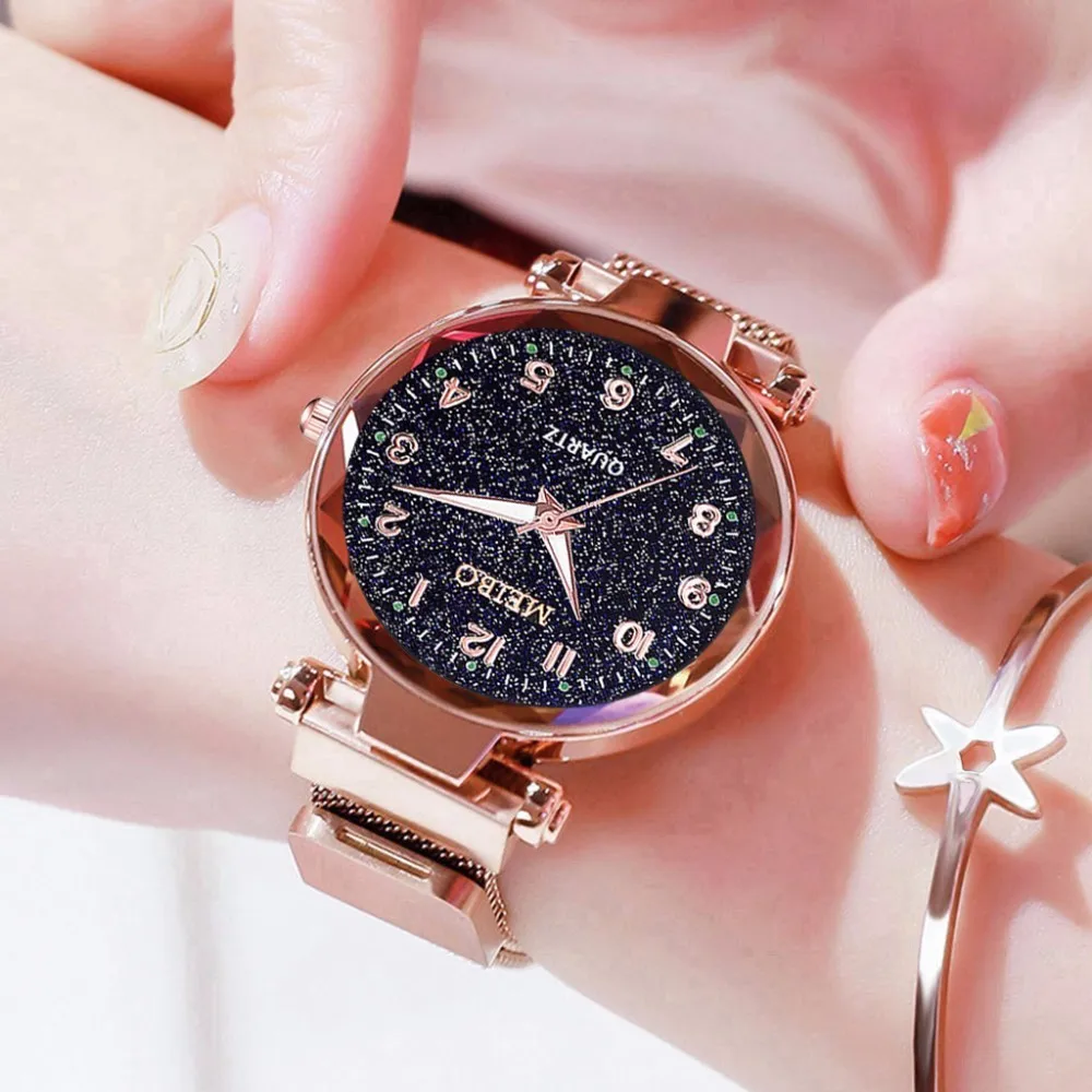 Hot Selling Women Mesh Magnet Buckle Starry Sky Luminous Watch Luxury MEIBO Ladies Stainless Steel Quartz Relogio Feminino | Наручные