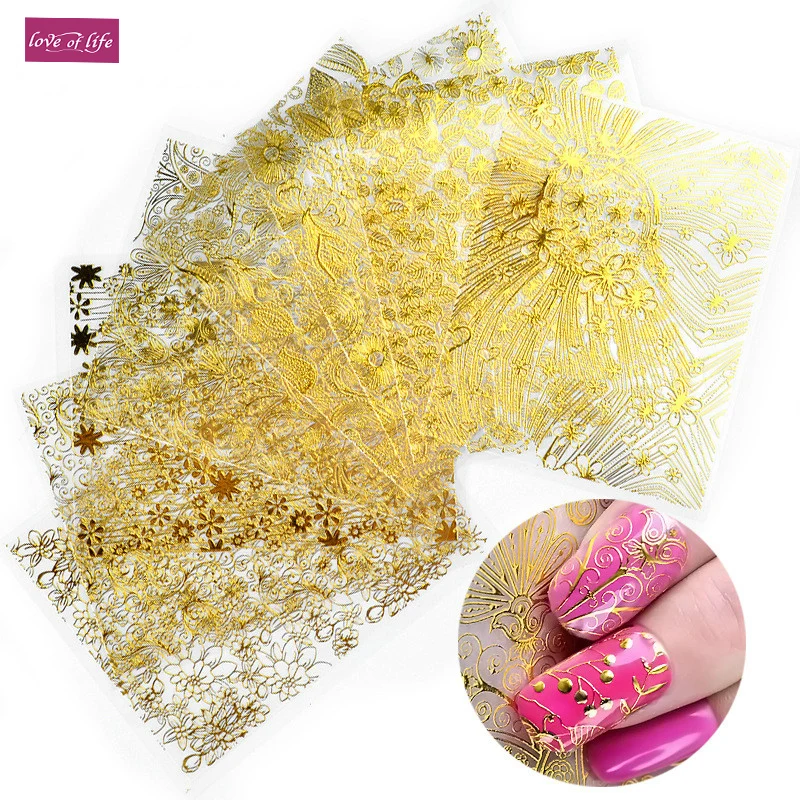 

8 Pcs/set Natural Life Blooming Flower Design Embossed 3D Metallic Nail Stickers Adhesive Nail Art Decoration