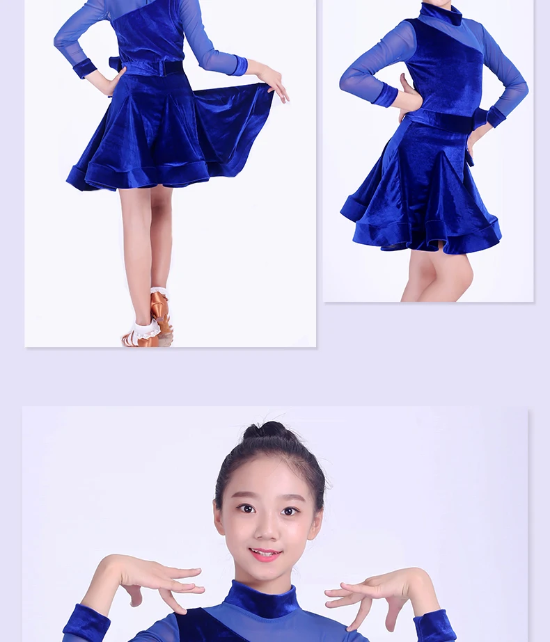 Kids Latin Dance Costume Long Sleeve Blue/Red Latin Practice Clothing Latin Competition Dresses Rumba/Tango Outfit DQL1323