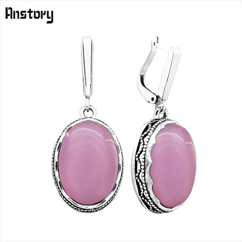 Small Pink Pendant Большой овальный опал Серьги для Для женщин Античная Посеребренная полые цветок подвеска Модные украшения свадебные подарок - Окраска металла: Small Pink Pendant