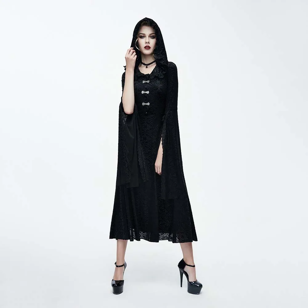 Women Gothic Dress Black Lace Flare Sleeve Bandage Hooded Punk Clothing Vintage Darkness Night Club Party Bodycon Long Dresses