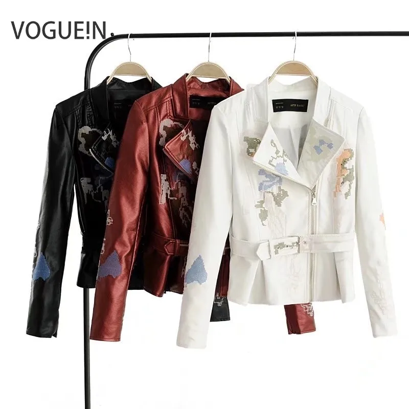 VOGUEIN новые женские Куртки из искусственной кожи с цветочной вышивкой байкерское