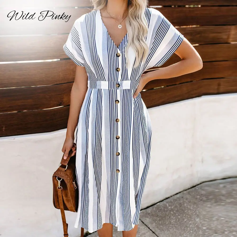 WildPinky 2020 Women Fashion Batwing Sleeve Striped Dresses Female Button Casual Evening Party Dress Ladies Loose Summer | Женская