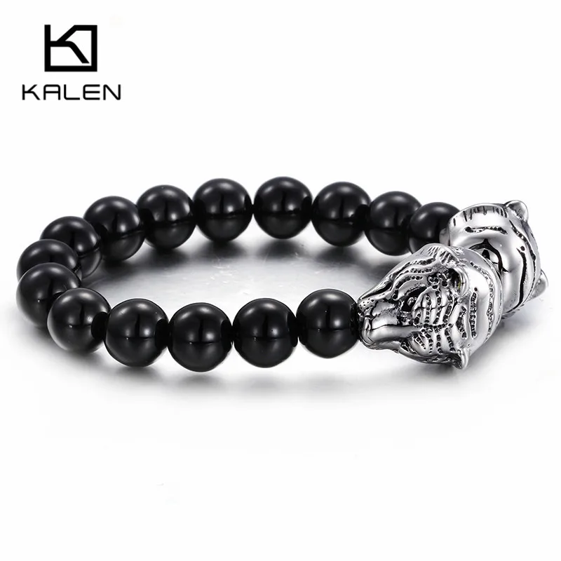Tiger Kalen Rock, африканские Черные Стеклянные мужские браслеты с бусинами, нержавеющая сталь, животные, голова дракона, очаровательные браслеты, обертывание, ручная цепочка, ювелирное изделие - Окраска металла: Tiger
