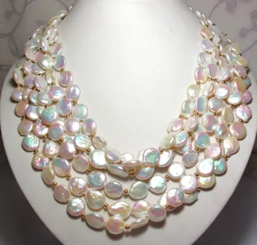 

6 Strand Luster White Rainbow Coin Freshwater Pearl Necklace GP Shell >ePacket free shipping