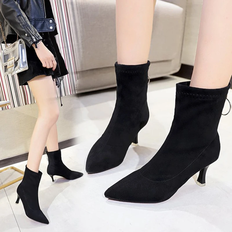 Из флока с острым носком до середины икры Ботинки Челси женские задней Круглый