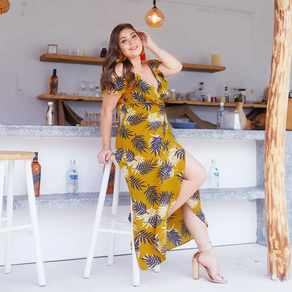 Большие размеры Boho Leaf Print женское длинное Макси летнее платье с v образным вырезом