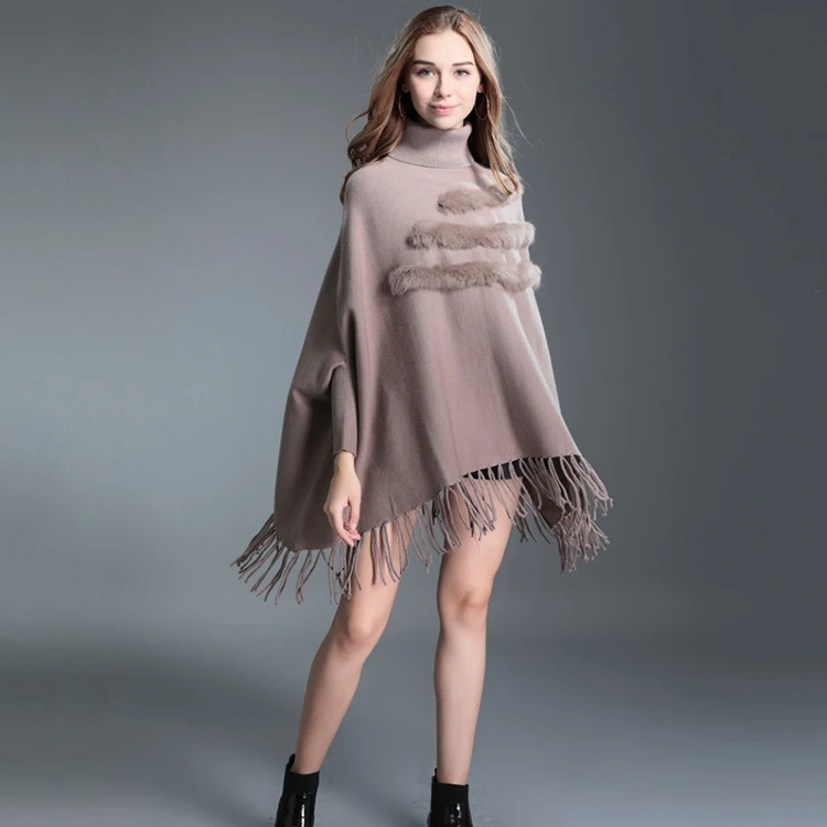 Новинка, пончо, feminino inverno femme, пончо и накидки, пальто с натуральным кроличьим мехом и кисточками, высокий воротник, capa mujer invierno