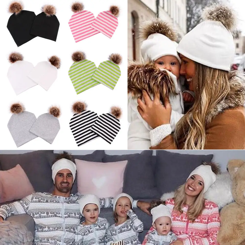 2 шт. горячие для мамы детская зимняя теплая лисий мех мяч шапочка хлопок