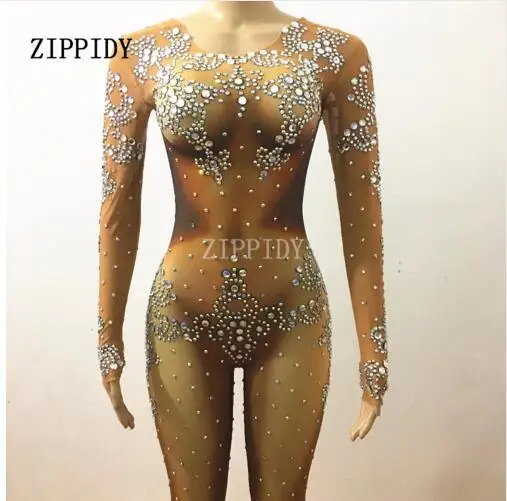 Fashion Sexy Glitter Rhinestones Perspective Rompers Sequins Jumpsuit Outfit Dance Body suit  Bar Costume Singer Shiny Wear