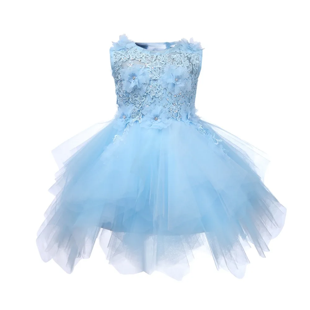 

Newborn Baptism Dress For Baby Girl Appliques Light Blue Tulle 1st Birthday Party Wear Cute Toddler Girl Christening Gown
