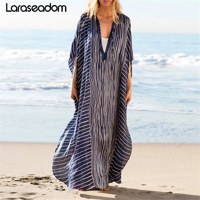 2019 размера плюс полосатая летняя пляжная одежда шифон Кафтан Женская Туника