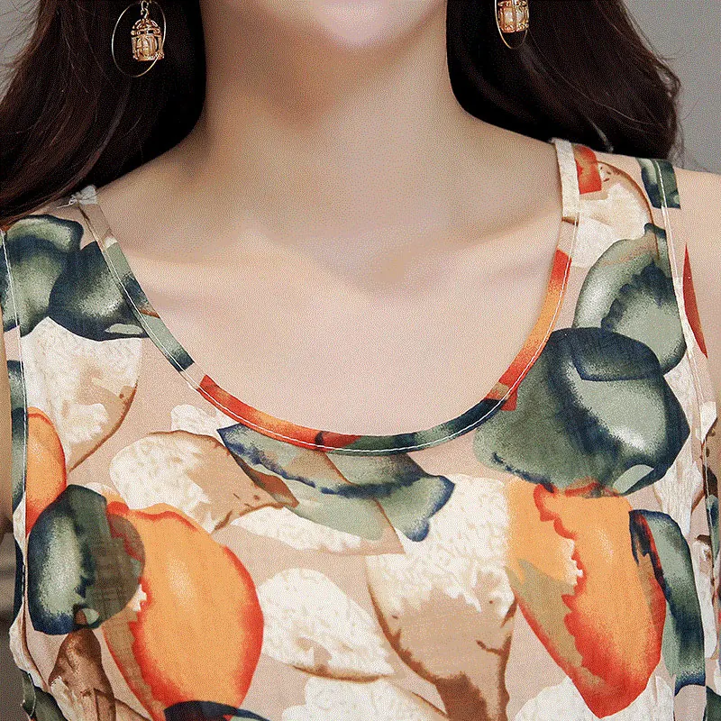 

2019 New Arrival Casual Loose Cotton Linen Bohemian Prints Tank Women Dress Plus Size Sleeveless Maxi Summer Vest Dress QH0138