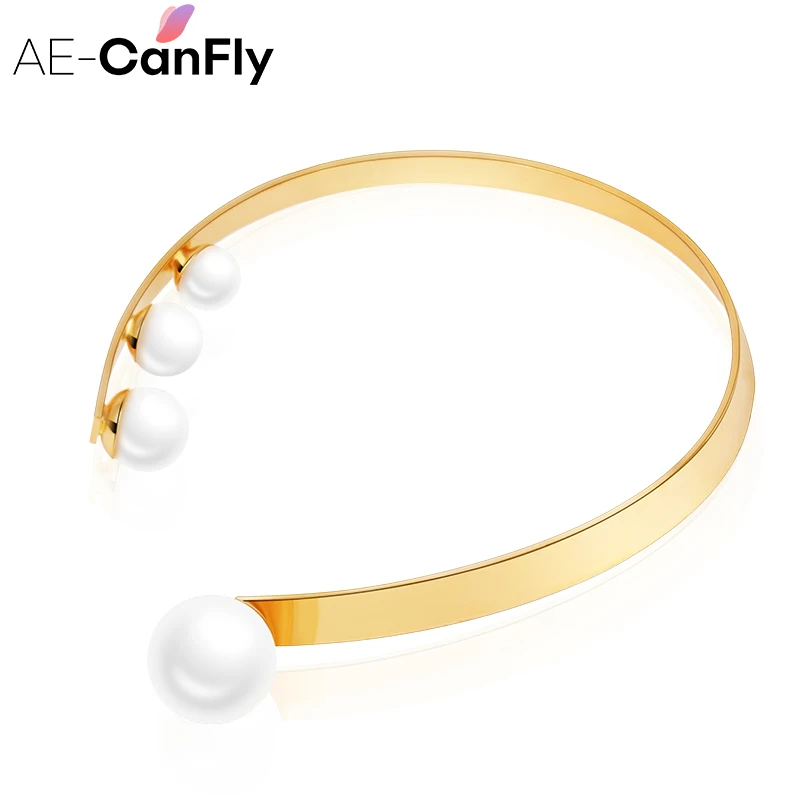 AE-CANFLY элегантный простой золотой открытым манжеты колье Цепочки и ожерелья Pearl конец Для женщин воротник Цепочки и ожерелья 2L5002