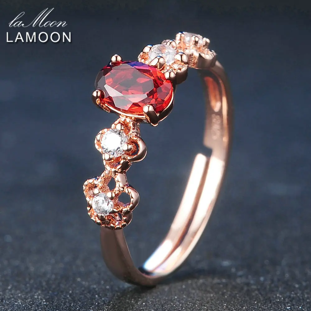 

LAMOON 925 Sterling Silver Ring For Women Red Garnet Gemstone Jewelry 18K Rose Gold Plated Fine Jewelry Adjustable Ring LMRI045
