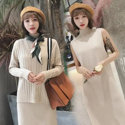 Осень/Зима 2019 Новинка трикотажное платье без рукавов с воротником средней длины +