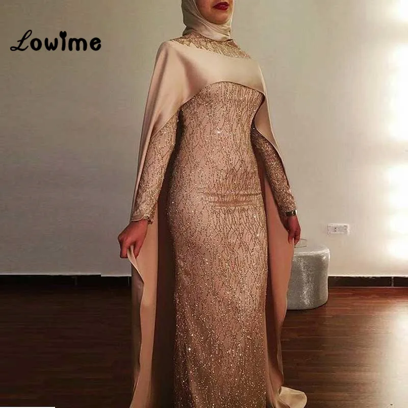 Hijab Muslim Long Sleeve Gold Mermaid Formal Evening Party Dress Turkish Arabic Dubai Gowns Dresses For Weddings Kaftan | Свадьбы и