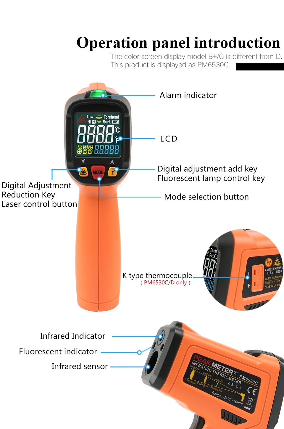PEAKMETER PM6530B+/C/D ЖК-дисплей лазерный инфракрасный термометр-50~ 800 с влажностью и точкой росы IRT K-type окружающий УФ-светильник