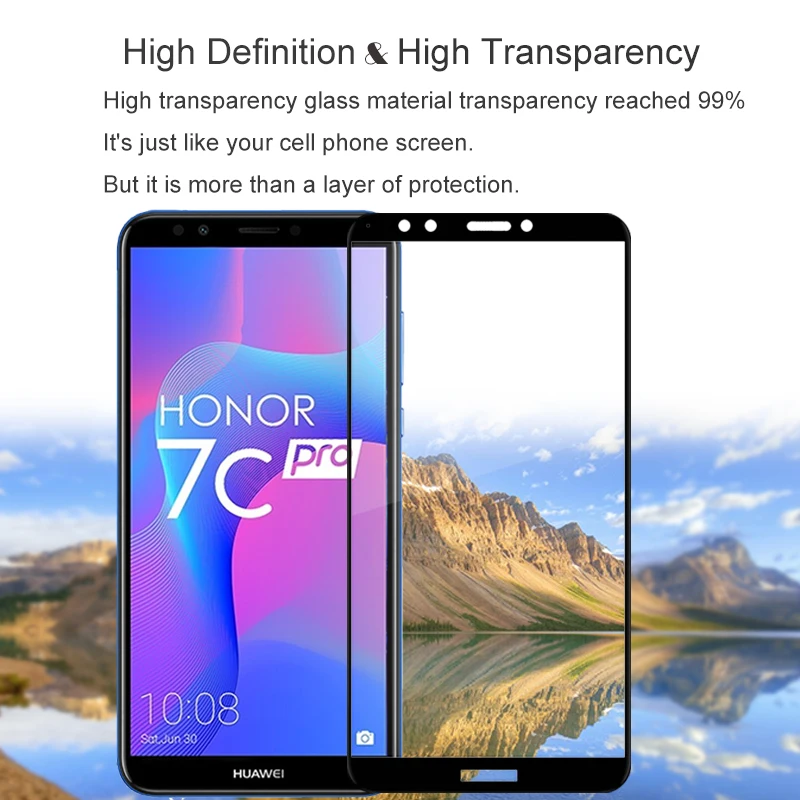 Закаленное стекло с полным покрытием для Huawei Honor 7C Pro RU 2 шт. 100% Оригинальная версия