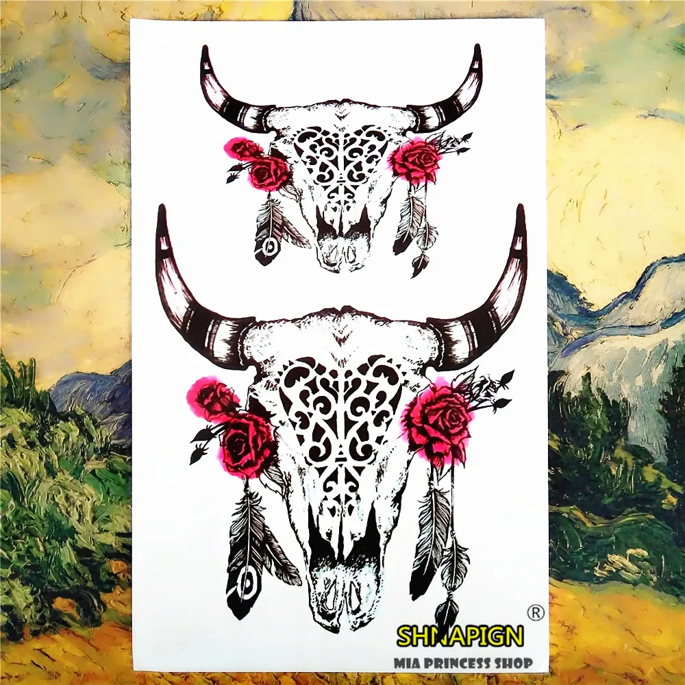 SHNAPIGN Мексиканская голова быка Временный тату боди арт флеш наклейки 12*20 см
